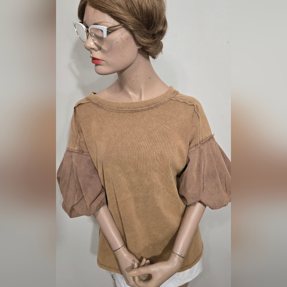 Women's Tan Puff-Sleeve Blouse